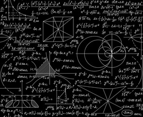 Mathematical vector seamless pattern with plots, formulas, geometrical figures and calculations. You can use any color of background