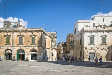 Detail of the buildings in baroque style in Cathedral Square, Le