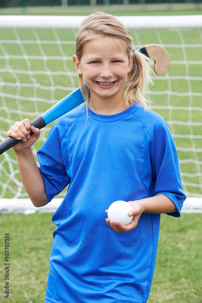 Sticker Portrait Of Girl Playing Hockey At School