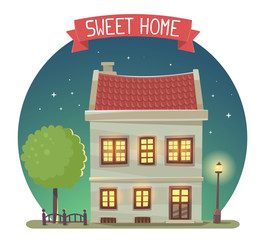 Vector illustration of night house with street lamp and tree in