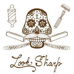 Look sharp. Skull with mustache. Retro style hand drawn graphics for barber shop emblem