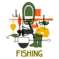 Background with fishing supplies. Design for flayers, covers, brochures and advertising booklets