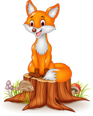 Obraz premium Cartoon happy fox sitting on tree stump