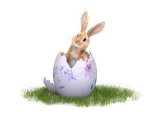 A funny rabbit and a Easter egg in spring time.