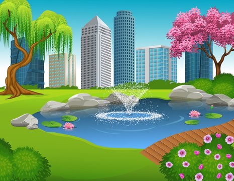 Illustration of City Park and Skyscrapers
