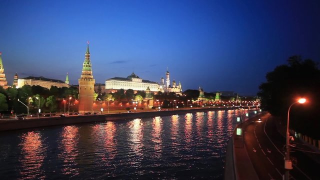 Kremlin and moscow river panorama at night