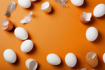 easter background with white eggs, shells