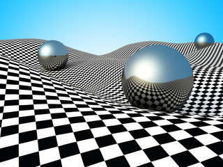 Metallic Spheres On Checker Surface. Abstract Background