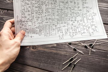 diodes with circuit diagram  on wooden rustic background
