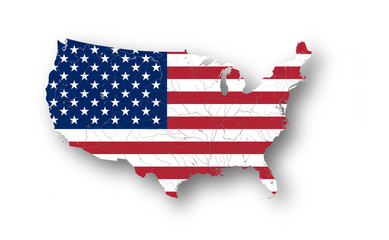 Map of the USA with American flag. Colors of flag are proper. Rivers and lakes are shown.
