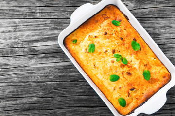 Baked Sweet Cottage Cheese casserole with raisins decorated mint