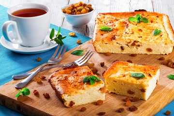 Baked Sweet Cottage Cheese casserole with raisins decorated mint