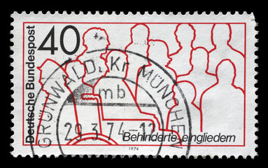 Stamp printed in Germany dedicated to integration of disabled, circa 1974