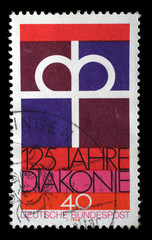 Stamp printed in the Germany dedicated to 125th anniversary of the Diaconal Association of the German Protestant Church, circa 1974.
