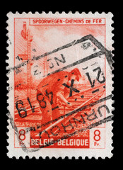 Stamp printed in Belgium shows Railway Worker from The Railway Company at Work issue, circa 1945.