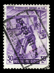 Stamp printed in Belgium shows Box-shipper from The Railway Company at Work issue, circa 1945.