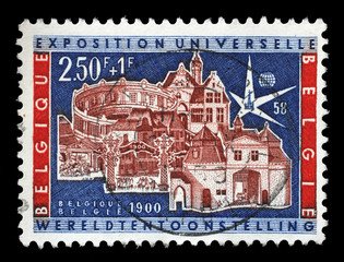 Stamp printed by Belgium shows World Exhibition Brussels, circa 1958.