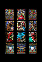 Nativity Scene, Adoration of the Magi, stained glass window in parish church of Saint Mark in...
