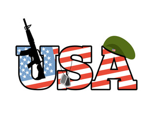 US Army emblem. Flag of  United States. Military green beret. Ri