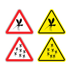 Warning sign attention mosquitoes. Hazard yellow sign Zika virus