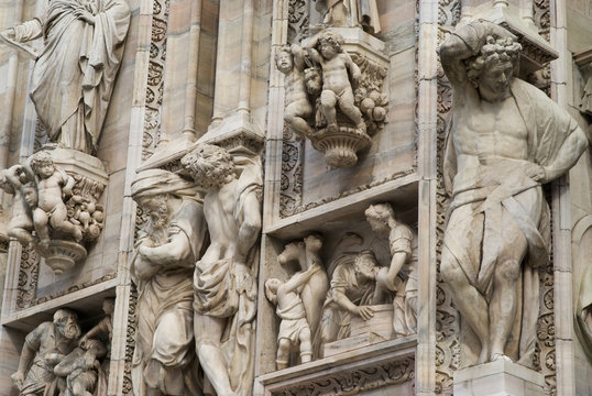 Details of the ornate marble facade at Milan Cathedral