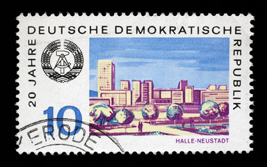 Stamp printed in GDR shows View of Halle Neustadt, circa 1969