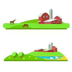 Vector illustration of farm landscape in flat design. Horse farm on a white background. Poultry farm on isolated. Rural landscape with a farm, hills and animals: horse and duck
