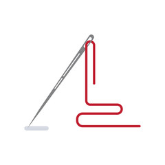 Vector illustration of needle and thread for needlework. Flat design red thread and a needle for needle work isolated. Needle icon for your design. Sewing tool needle for seamstress