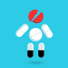 Vector flat of tablet and pill. Set flat tablets and a pills on white background. Pills and tablets for pain. Concept illustration of a headache