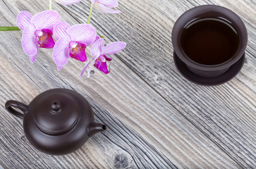 Chinese ceramic tea set on wooden table