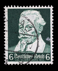 Stamp printed in the German Reich shows Heinrich Schutz (1585-1672), composer, circa 1935.