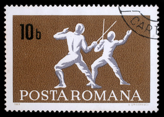 Stamp printed in Romania shows fencing, series, circa 1969