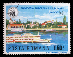 Stamp printed in Romania shows Oltenia at Calafat, Ships on River Danube, circa 1977.