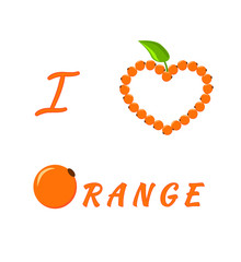 Design for a card I Love Orange. Heart of oranges and green leaf. The stylized word Orange