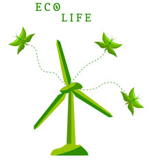 Ecological concept with windmill and green butterflies. Green butterflies fly out of the windmill. Design for  eco card with  green windmill, butterflies and the words Eco Life.