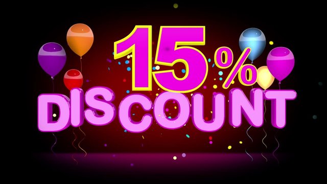 Colorful 15 Percent Discount Advertising on dark Background, seamless looping