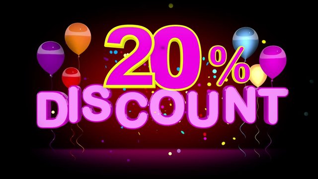 Colorful 20 Percent Discount Advertising on dark Background, seamless looping