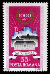 Stamp printed in Romania shows Old and new buildings in Satu-Mare, Satu-Mare milenium issue, circa 1972.
