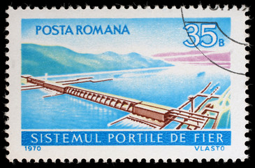 Stamp printed in the Romania shows Aerial View of Iron Gate Power Station, Hydroelectric Plant at the Iron Gate of the Danube, circa 1970