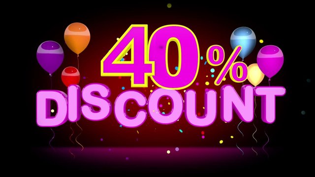 Colorful 40 Percent Discount Advertising on dark Background, seamless looping