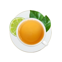 white cup with tea, lime and green leaves isolated on white