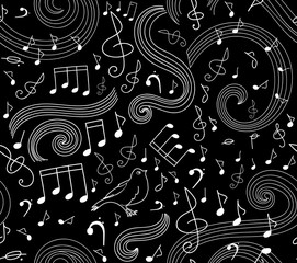 Art musical seamless vector pattern with notes and singing birds