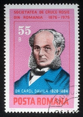 Stamp printed in Romania shows Dr. Carol Davila (1828-1884) organizer of the country's public health system and Red Cross Society, circa 1976.