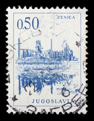 Stamp printed in Yugoslavia shows a Iron foundry, Zenica, with the same inscription, from series Industrial Progress circa 1966