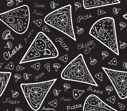 Food vector seamless pattern with pizza slices, cheese, mushrooms and words handwritten with chalk on grey board