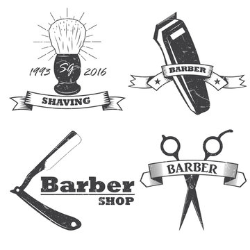 Set of vintage barber shop logo, labels, badges and design element. ribbons. vector. monochrome style.
