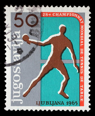 Stamp printed by Yugoslavia shows 28th World Table Tennis Championship in Ljubljana, circa 1965.