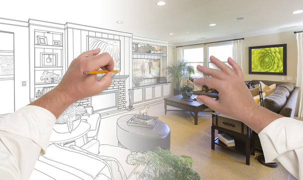 Hands Drawing Living Room Design Gradating Into Photograph