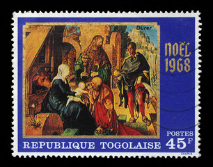 Stamp printed in the Republic of Togo shows Adoration of the Magi, by Durer, Christmas issue, circa 1968.