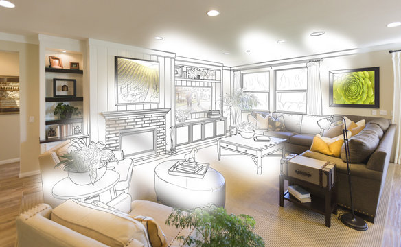 Living Room Drawing Brush Stoke Gradation Into Photograph